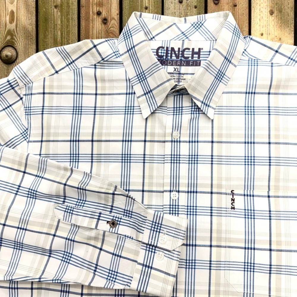 CINCH Western Button Up Shirt Mens XLarge White & Blue Tartan Plaid Modern Fit